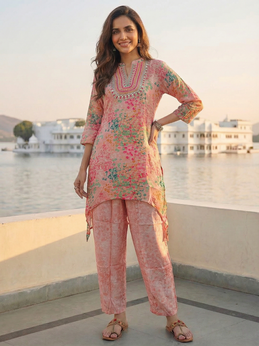 Abstract Printed & Embroidered A-Line Co-ord Set - Pink