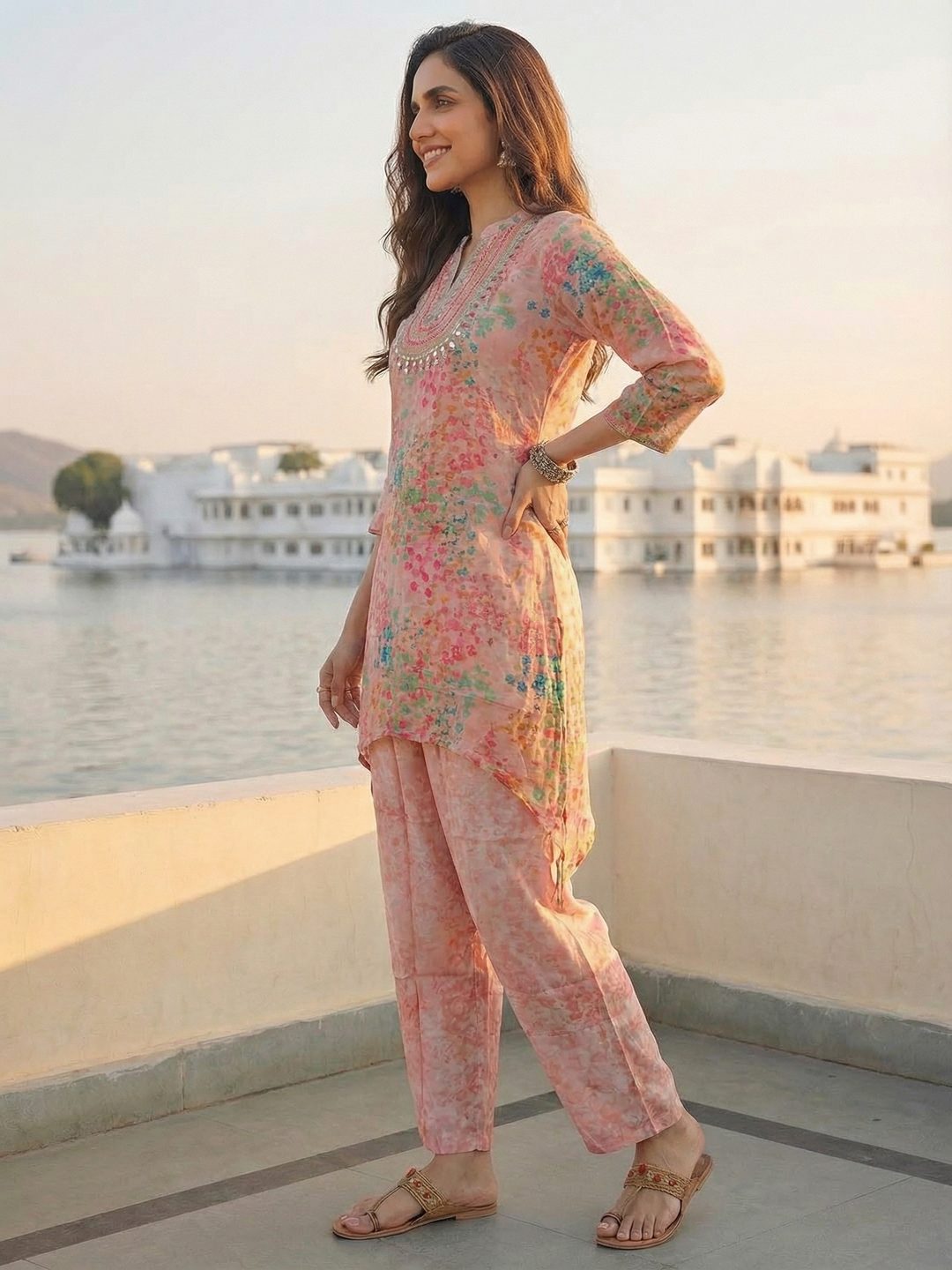 Abstract Printed & Embroidered A-Line Co-ord Set - Pink