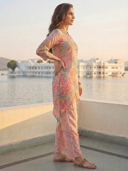 Abstract Printed & Embroidered A-Line Co-ord Set - Pink