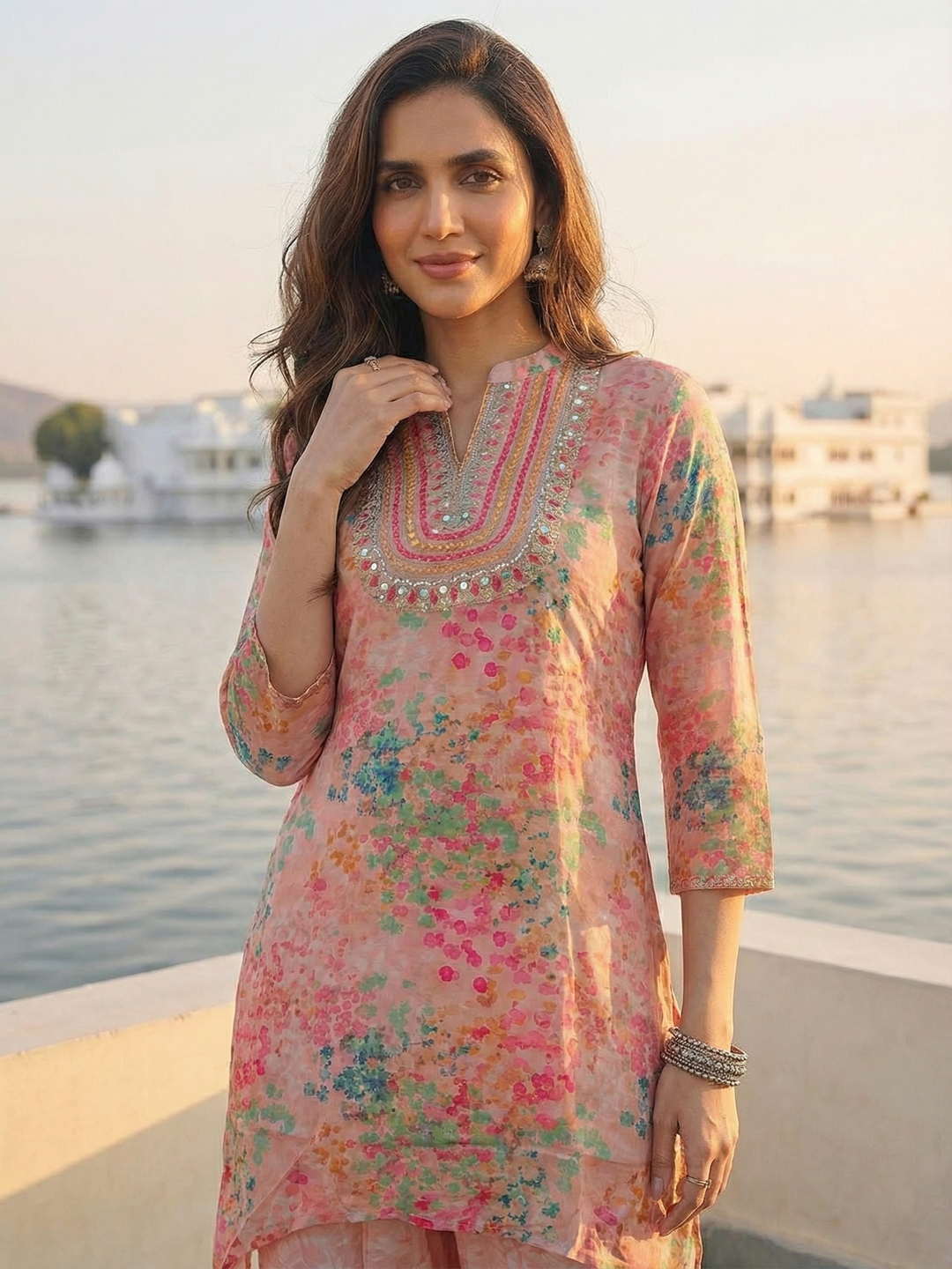 Abstract Printed & Embroidered A-Line Co-ord Set - Pink