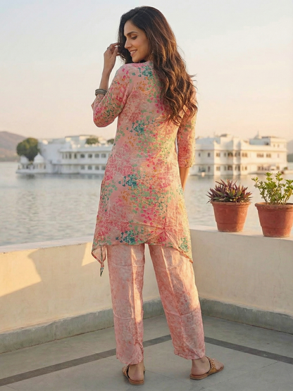 Abstract Printed & Embroidered A-Line Co-ord Set - Pink
