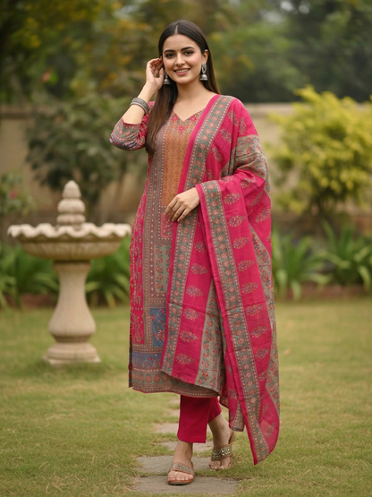 Ethnic Printed & Resham Embroidered Straight Kurta with Pant & Dupatta - Pink