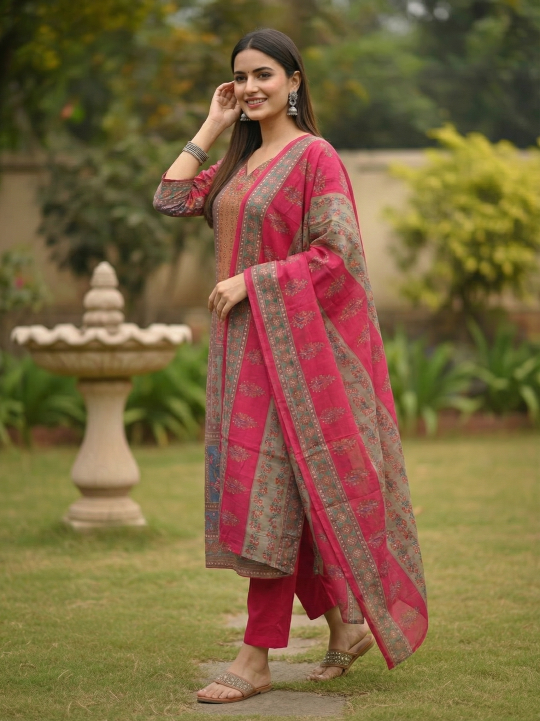 Ethnic Printed & Resham Embroidered Straight Kurta with Pant & Dupatta - Pink