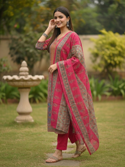 Ethnic Printed & Resham Embroidered Straight Kurta with Pant & Dupatta - Pink