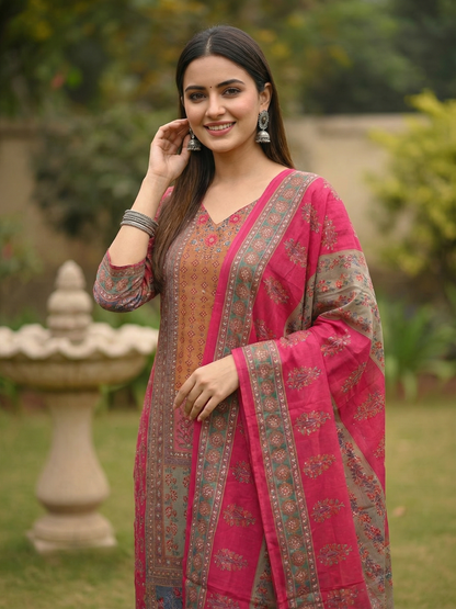 Ethnic Printed & Resham Embroidered Straight Kurta with Pant & Dupatta - Pink