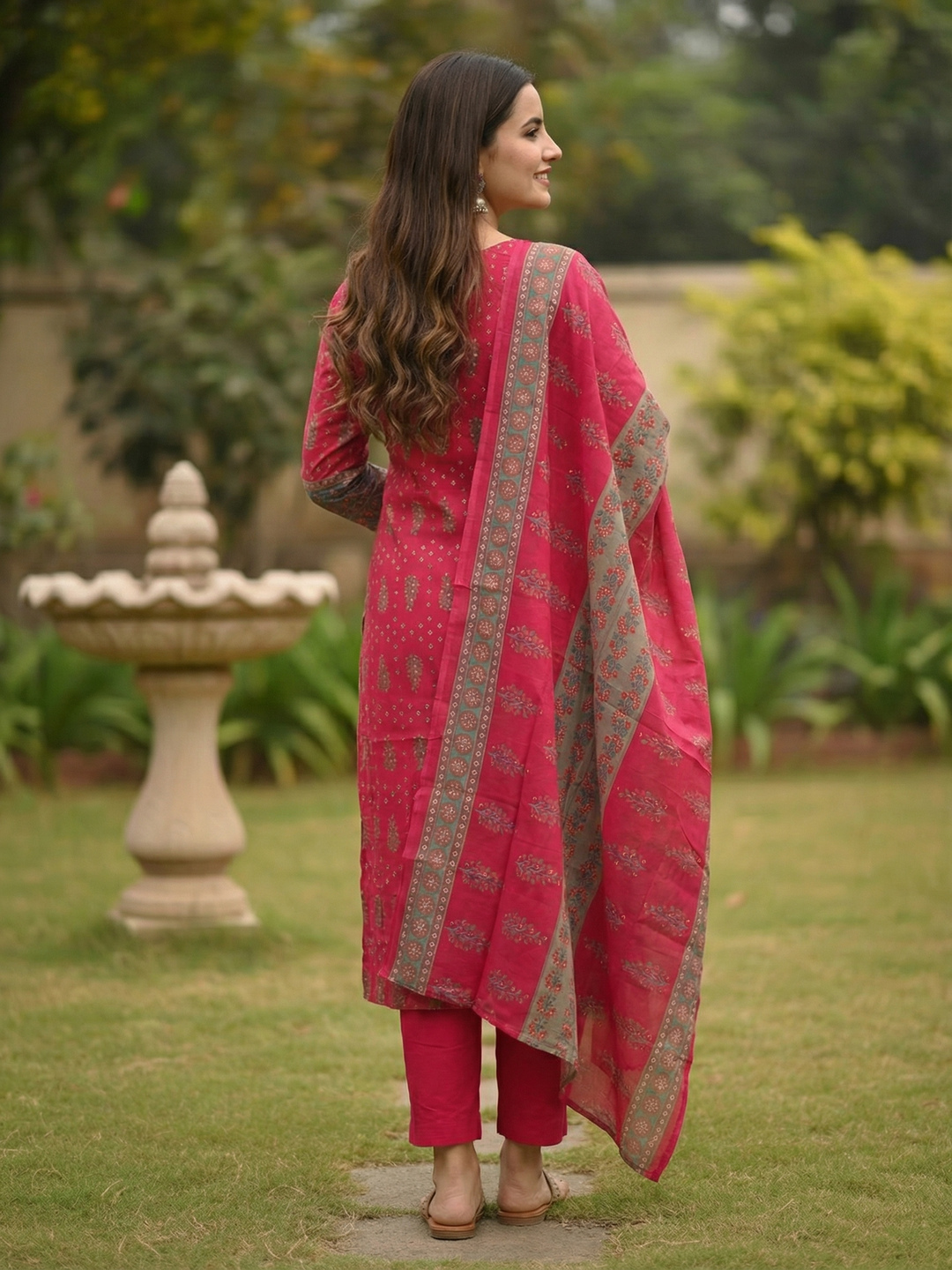 Ethnic Printed & Resham Embroidered Straight Kurta with Pant & Dupatta - Pink