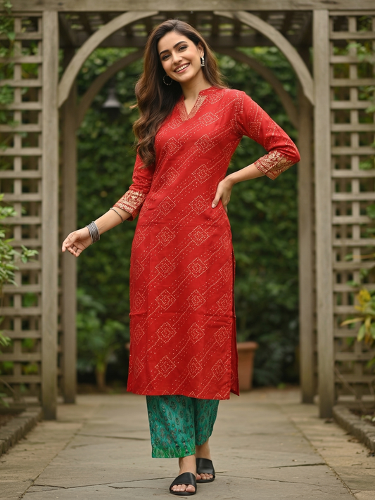 Bandhani Foil Printed Embroidered Straight Fit Kurta - Red