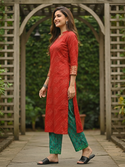 Bandhani Foil Printed Embroidered Straight Fit Kurta - Red