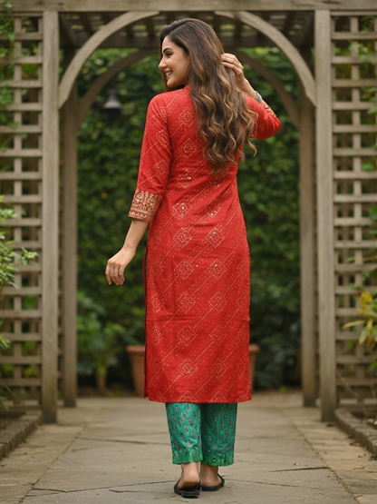 Bandhani Foil Printed Embroidered Straight Fit Kurta - Red