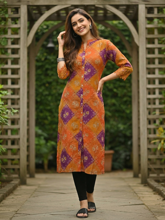 Ethnic Floral Printed & Embroidered Straight Fit Kurta - Mustard