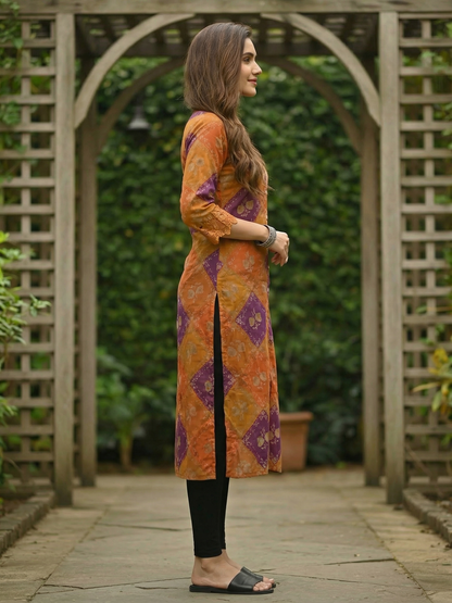Ethnic Floral Printed & Embroidered Straight Fit Kurta - Mustard