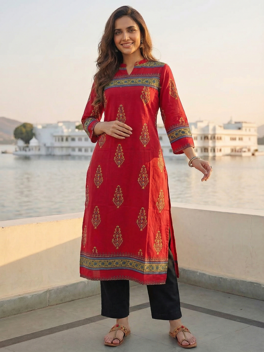 Ethnic Floral Printed Embroidered Straight Fit Kurta - Red