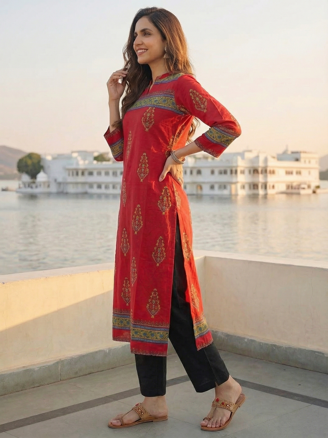 Ethnic Floral Printed Embroidered Straight Fit Kurta - Red
