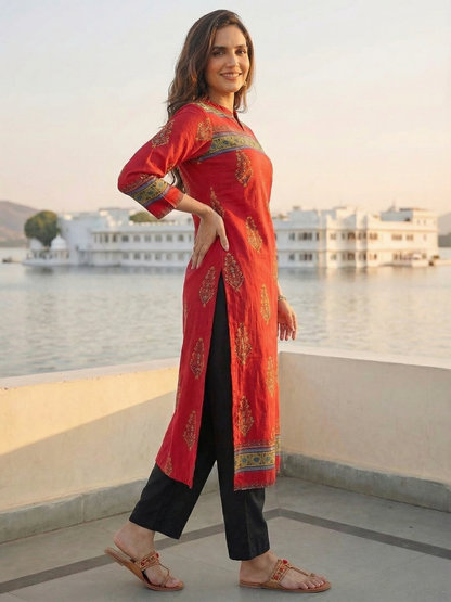 Ethnic Floral Printed Embroidered Straight Fit Kurta - Red