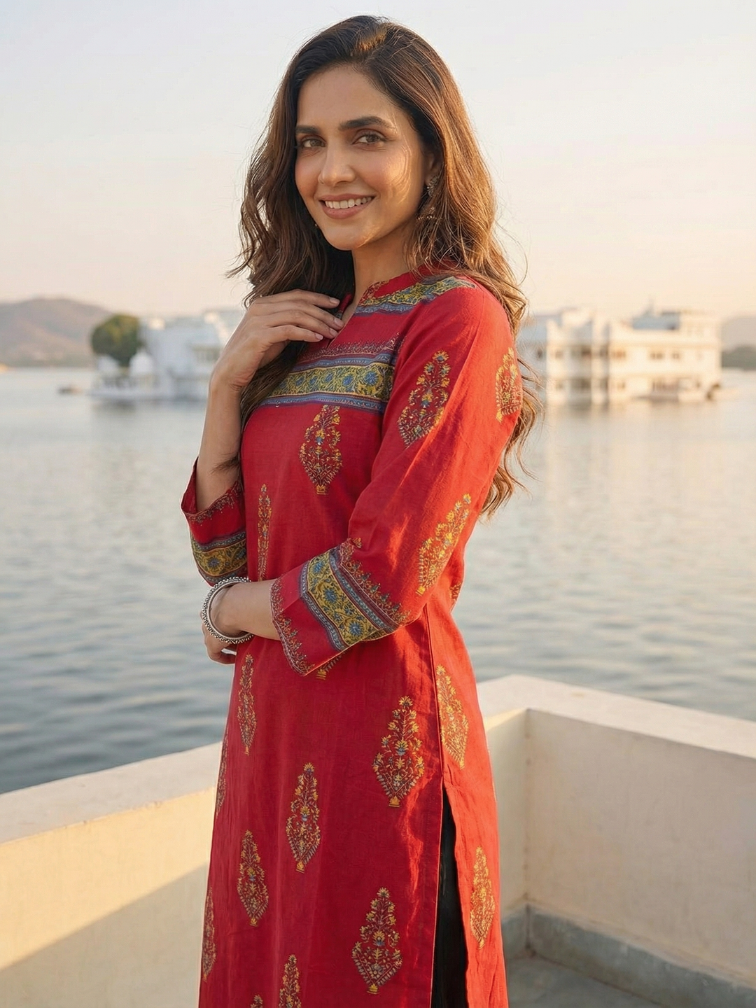 Ethnic Floral Printed Embroidered Straight Fit Kurta - Red