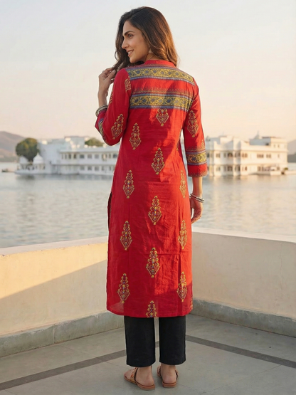 Ethnic Floral Printed Embroidered Straight Fit Kurta - Red