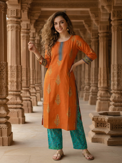 Embroidered Straight Kurta - Rust Orange