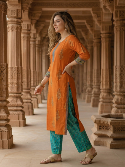Embroidered Straight Kurta - Rust Orange