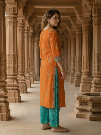 Embroidered Straight Kurta - Rust Orange