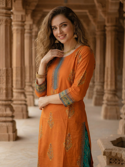 Embroidered Straight Kurta - Rust Orange