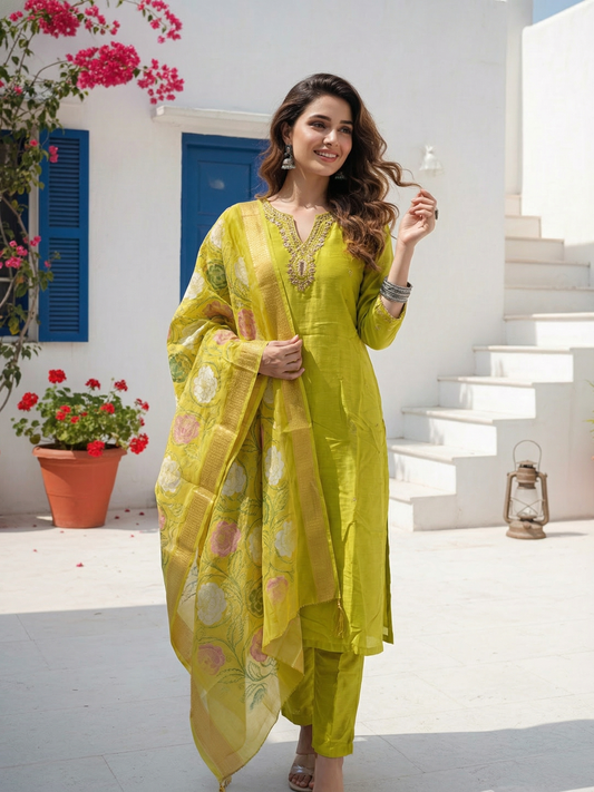 Solid Resham & Hand Embroidered Straight Kurta with Pant & Printed Dupatta - Lime Green