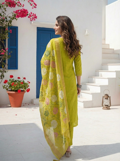 Solid Resham & Hand Embroidered Straight Kurta with Pant & Printed Dupatta - Lime Green