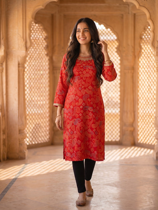 Bandhani Printed Embroidered Straight Fit Kurta - Red