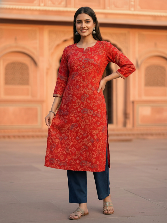 Bandhani Printed Embroidered Straight Fit Kurta - Red