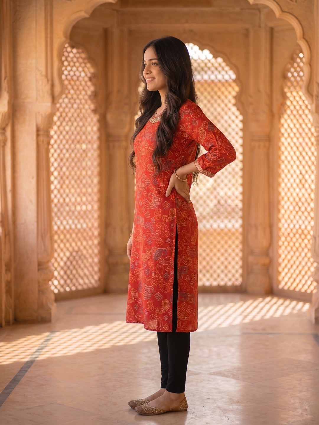 Bandhani Printed Embroidered Straight Fit Kurta - Red