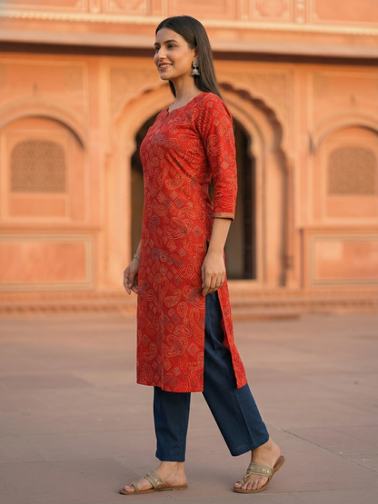 Bandhani Printed Embroidered Straight Fit Kurta - Red