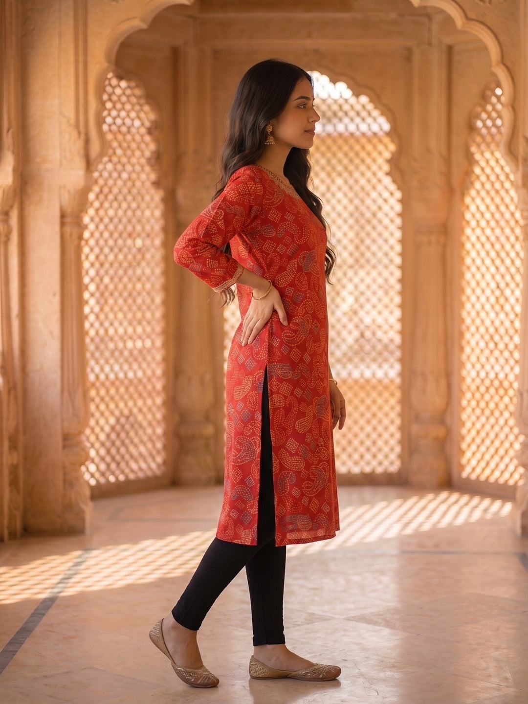 Bandhani Printed Embroidered Straight Fit Kurta - Red