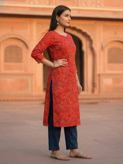 Bandhani Printed Embroidered Straight Fit Kurta - Red