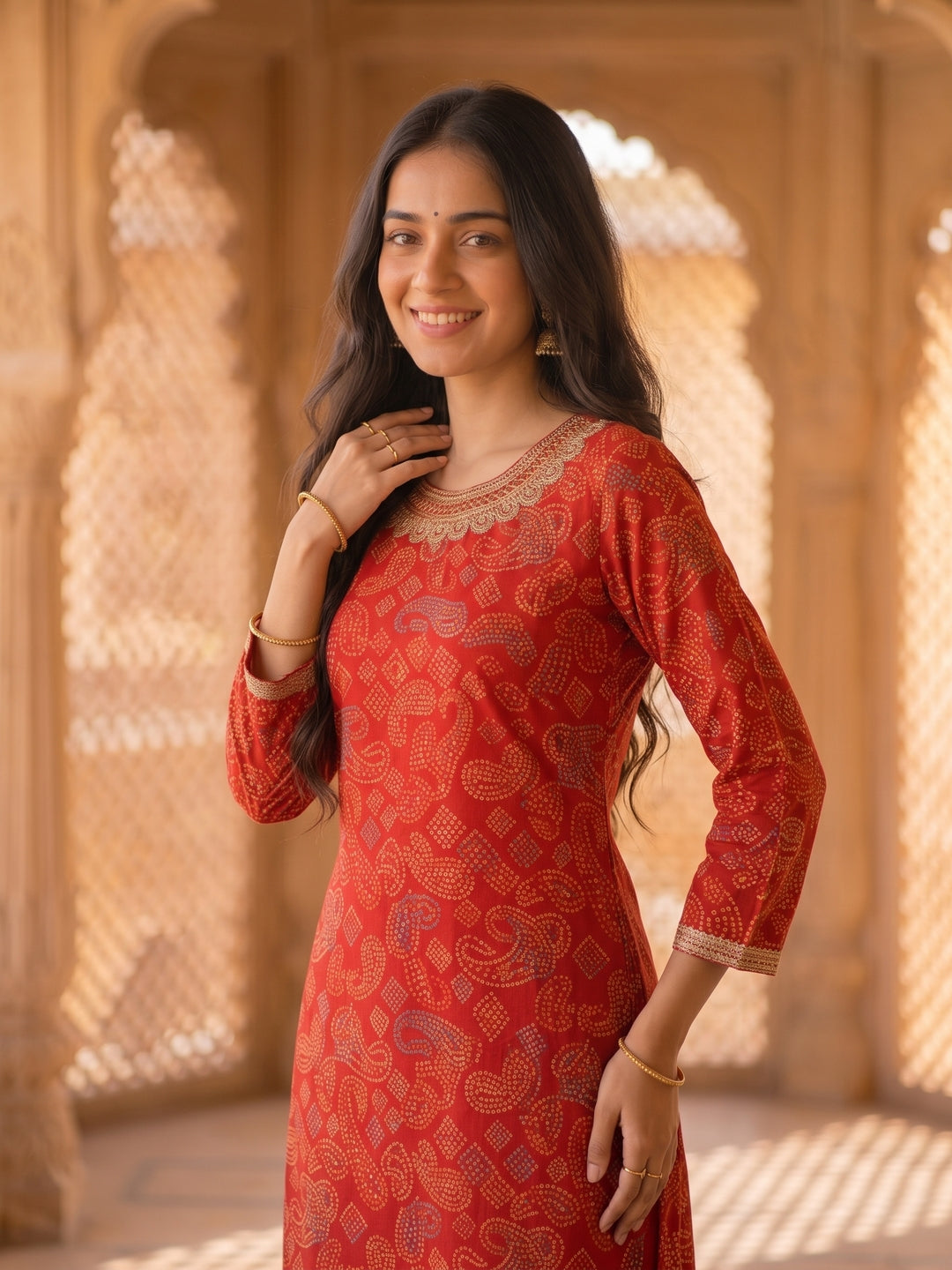 Bandhani Printed Embroidered Straight Fit Kurta - Red