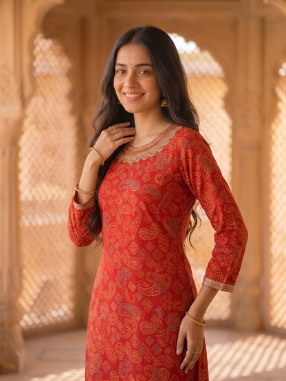 Bandhani Printed Embroidered Straight Fit Kurta - Red