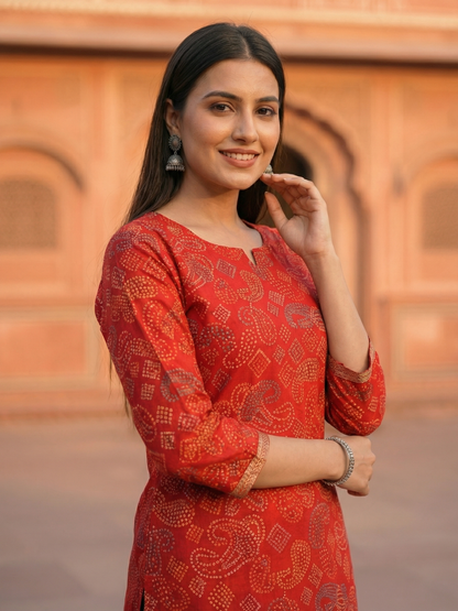 Bandhani Printed Embroidered Straight Fit Kurta - Red