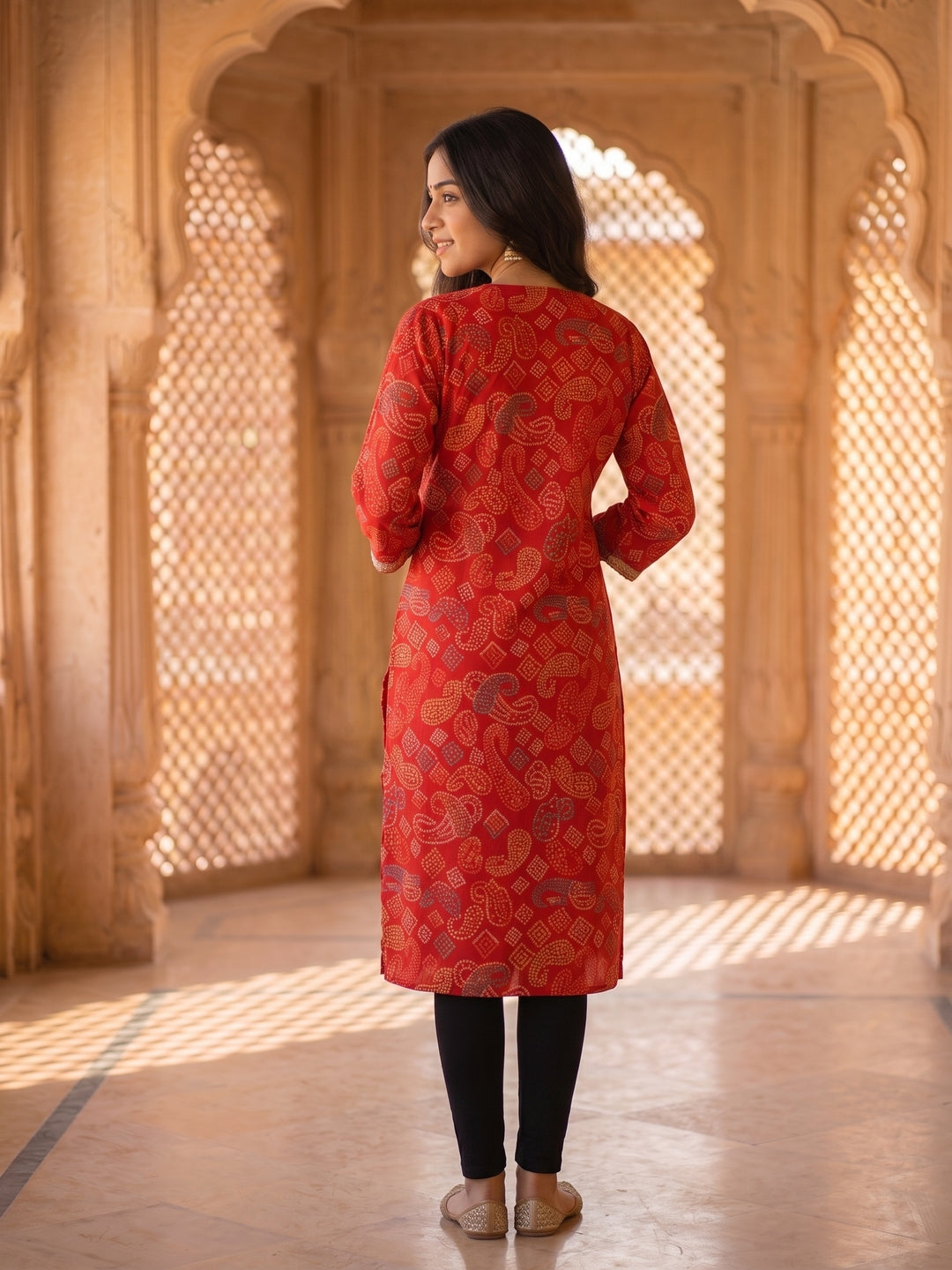 Bandhani Printed Embroidered Straight Fit Kurta - Red