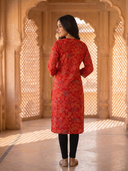 Bandhani Printed Embroidered Straight Fit Kurta - Red