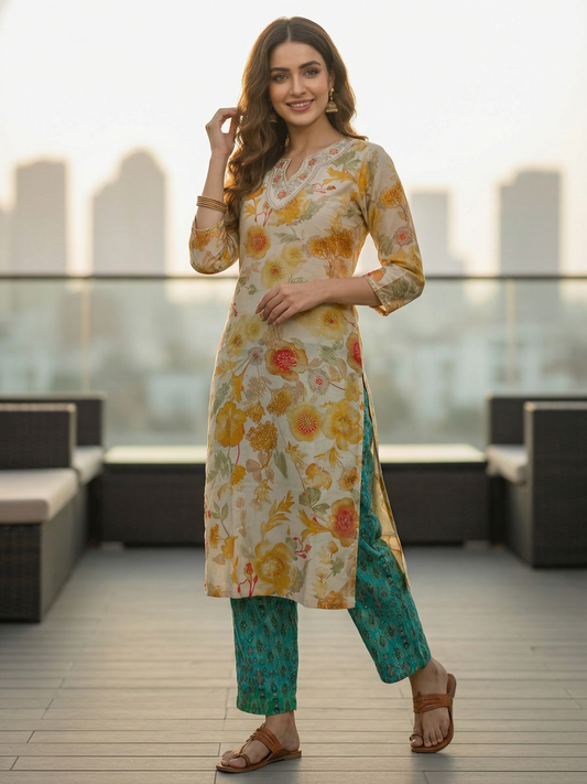 Floral Foil Printed & Embroidered Straight Fit Kurta - Cream