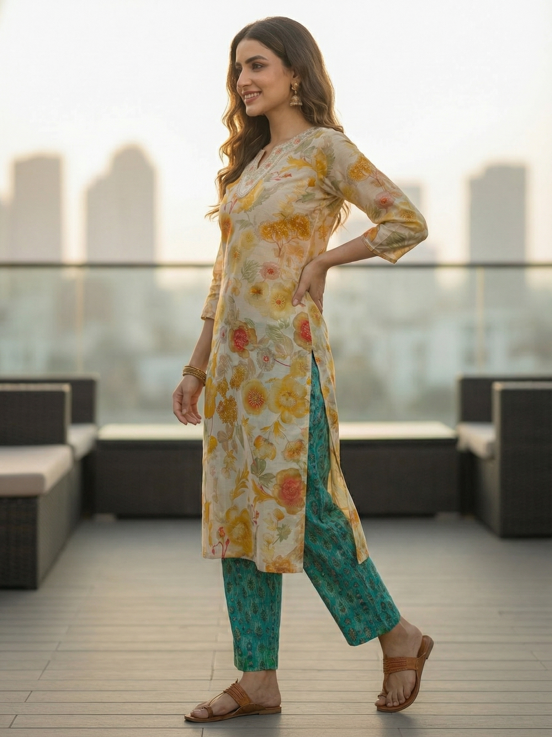 Floral Foil Printed & Embroidered Straight Fit Kurta - Cream