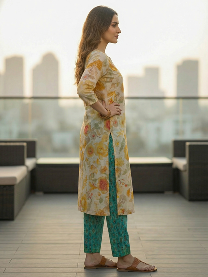 Floral Foil Printed & Embroidered Straight Fit Kurta - Cream