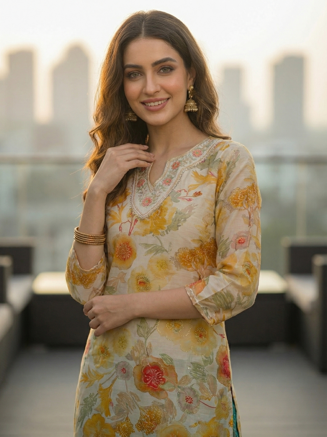 Floral Foil Printed & Embroidered Straight Fit Kurta - Cream
