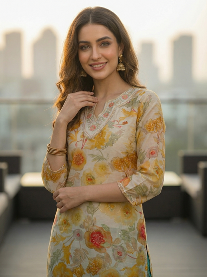 Floral Foil Printed & Embroidered Straight Fit Kurta - Cream