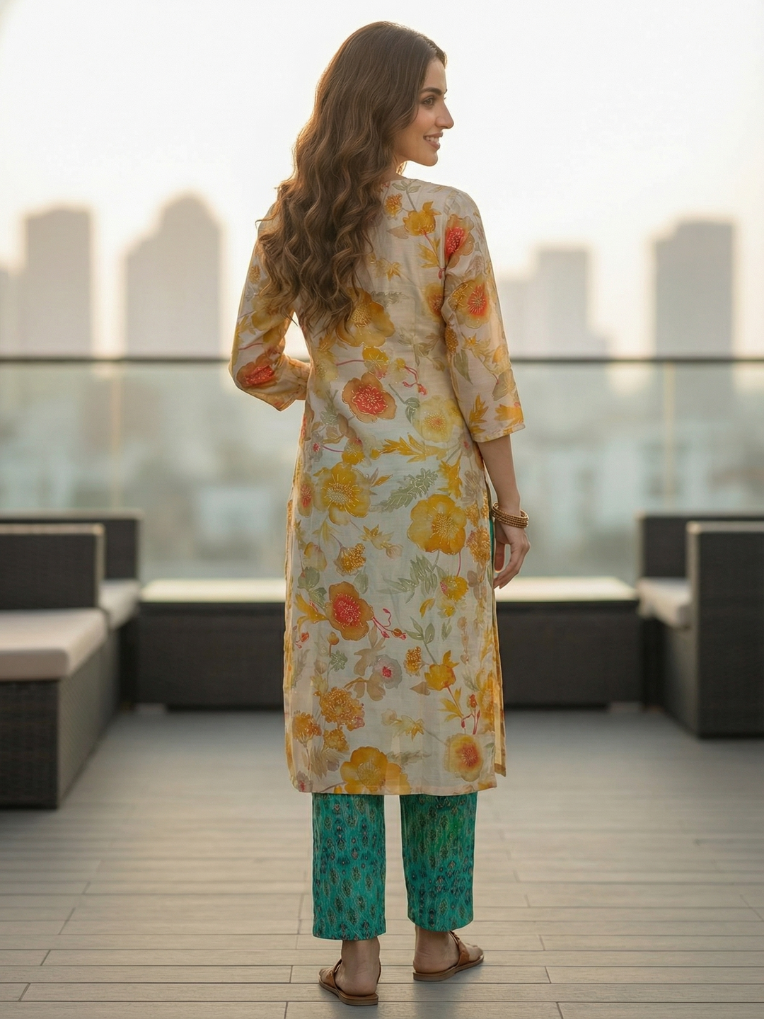 Floral Foil Printed & Embroidered Straight Fit Kurta - Cream