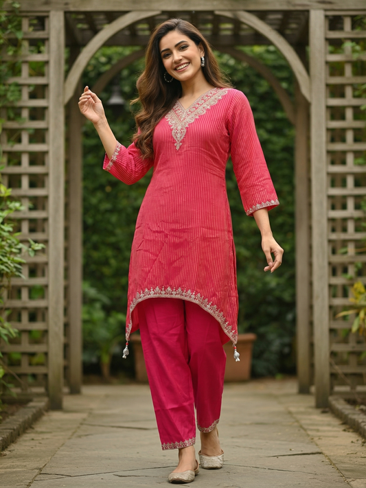 Solid Striped Embroidered A-Line Kurta with Pant - Rani