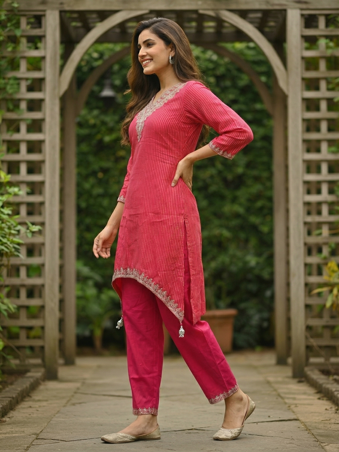 Solid Striped Embroidered A-Line Kurta with Pant - Rani