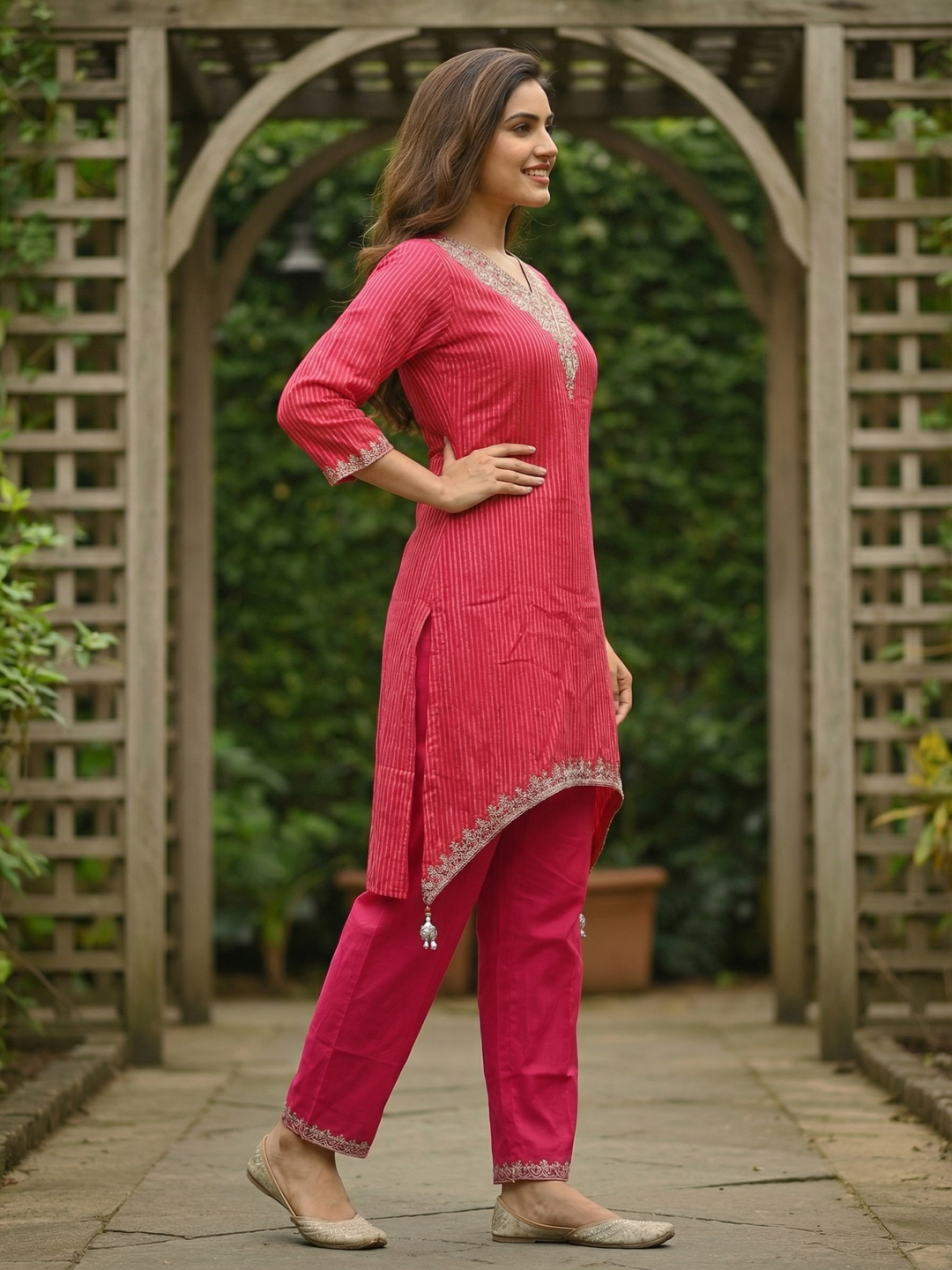 Solid Striped Embroidered A-Line Kurta with Pant - Rani