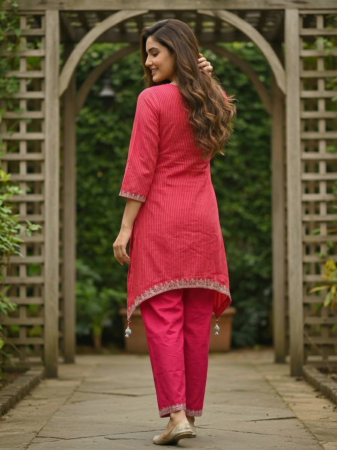 Solid Striped Embroidered A-Line Kurta with Pant - Rani