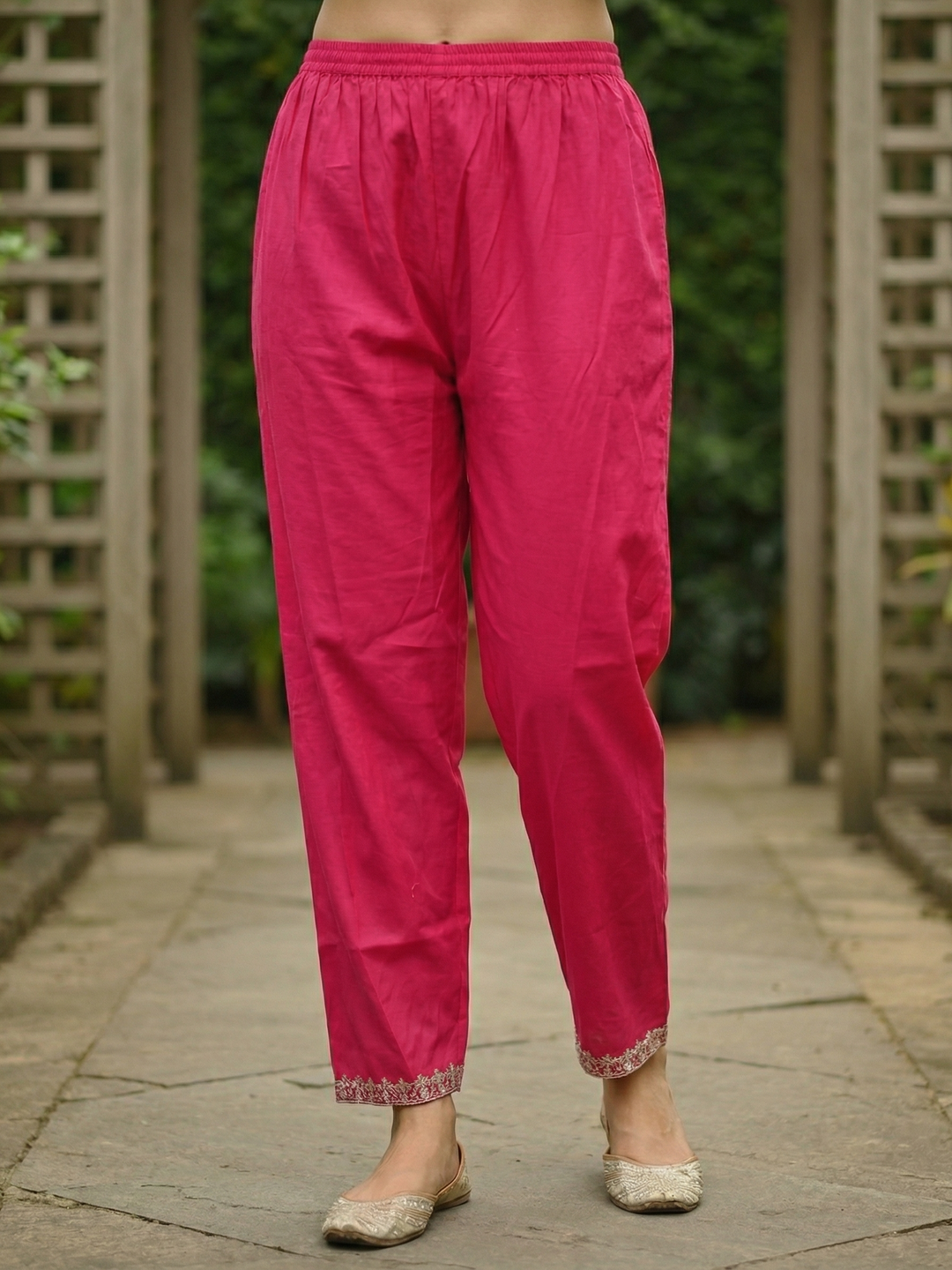 Solid Striped Embroidered A-Line Kurta with Pant - Rani
