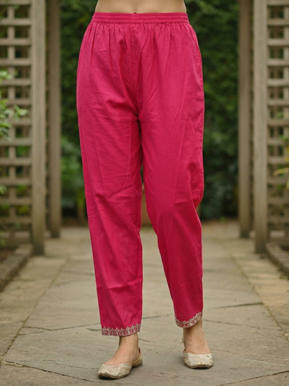 Solid Striped Embroidered A-Line Kurta with Pant - Rani