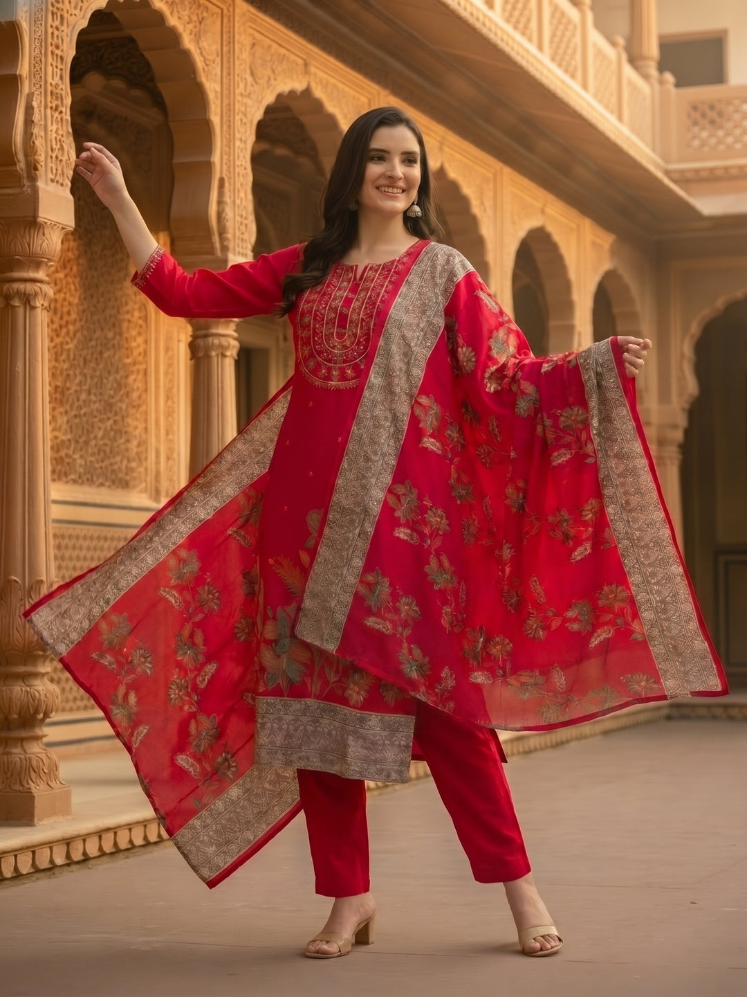 Floral Foil Printed & Embroidered Straight Kurta with Pant & Dupatta - Rani